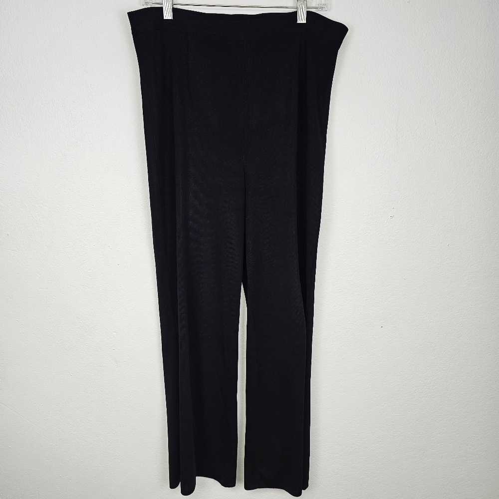 Misook Pants Slacks Wide Black Knit Unfinished Hem Elastic Waist Sz LP Lagenlook